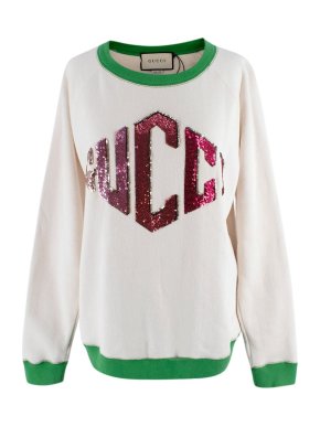 Gucci Cream Sequin Embellished Logo Sweatshirt