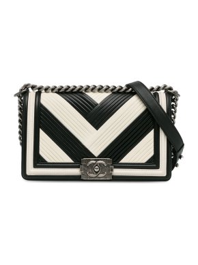 Chanel Black and White Medium Pleated Calfskin Boy Bag