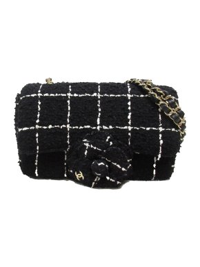 Chanel Black and White Check Tweed Camellia Mini Rectangular Flap Bag