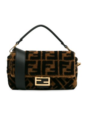 Fendi Brown Shearling Small Zucca  Baguette Bag