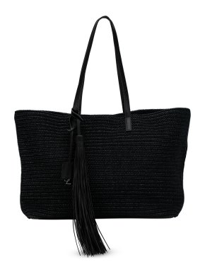 Saint Laurent Black Raffia Tassel Tote Bag