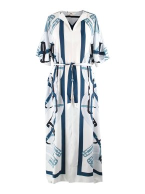 Hermes White and Blue Patterned Silk Kaftan Dress