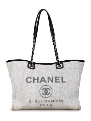 Chanel Light Grey Medium Straw Deauville Tote