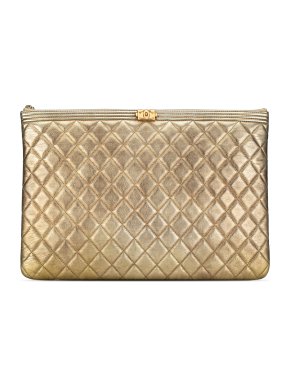 Chanel Metallic Gold Large Lambskin Boy O Case Clutch
