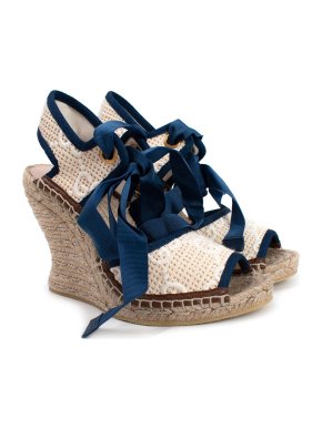 Gucci Cream Monogram Canvas Navy Trim Espadrille Wedges