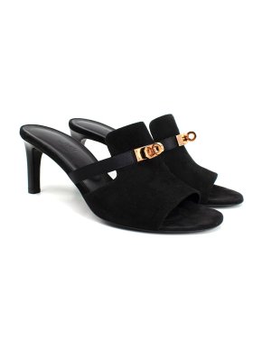 Hermes Black Suede Kelly Lock Mules with Rose Gold Hardware