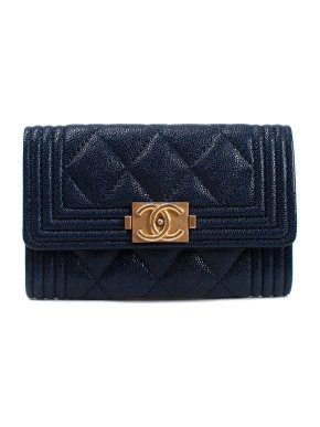 Chanel Navy Quilted Caviar Leather Boy Flap Card Holder
