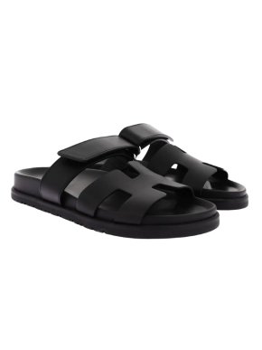Hermes Black Leather Chypre Sandals