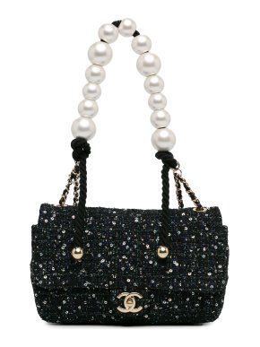 Chanel Blue Sequin Tweed Pearl Rope Flap Bag