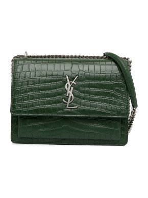 Saint Laurent Green  Croc Embossed Sunset Shoulder Bag