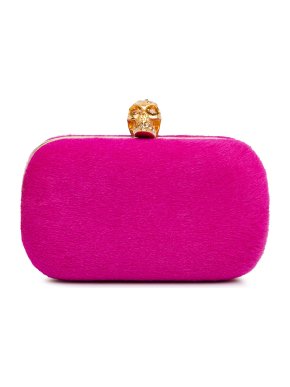 Alexander McQueen Embellished Clasp Hot Pink Pony Hair Skull Clutch