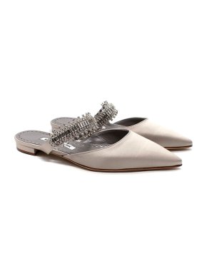 Manolo Blahnik Silver Satin Crystal Embellished Mules
