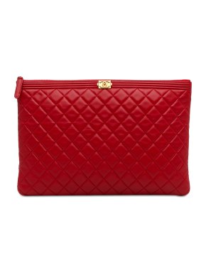 Chanel Red Large Lambskin Boy Zip Pouch