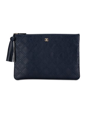 Chanel Navy Large Double Stitch Tassel O Case Clutch