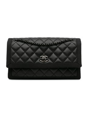 Chanel Black Medium Quilted Lambskin Grosgrain Two Tone Flap