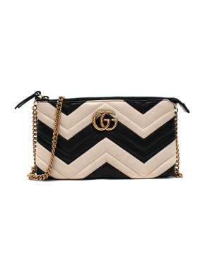 Gucci Black and White Calfskin Matelasse GG Marmont Wallet on Chain