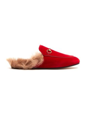 Gucci Red Suede Fur Lined Princetown Mules