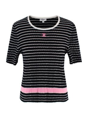 Chanel Black & White Striped Top With Pink Logo