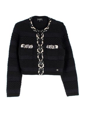 Chanel Black Wool Cardigan with Silver Embellished Trim