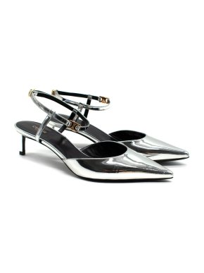 Celine Metallic Silver Triomphe Strap Kitten Heels