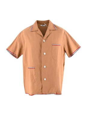 Bode Tan Cotton Woven Short Sleeve Striped Trim Shirt