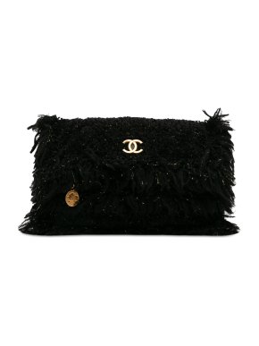 Chanel Black Tweed Fringe Paris Cosmopolite Clutch