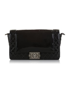 Chanel Black Patent Leather Medium Reverso Boy Bag