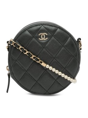 Chanel Hermes Black Lambskin Round Pearl Clutch with Chain