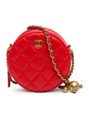 Chanel Red CC Quilted Lambskin Pearl Crush Round Clutch with Chain