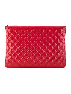 Chanel Red Quilted Patent Leather Large O Case Clutch
