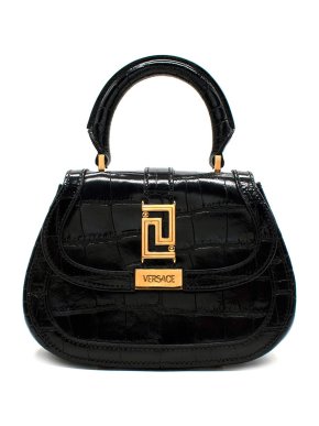 Versace Black Croc Embossed Mini Greca Goddess Top Handle