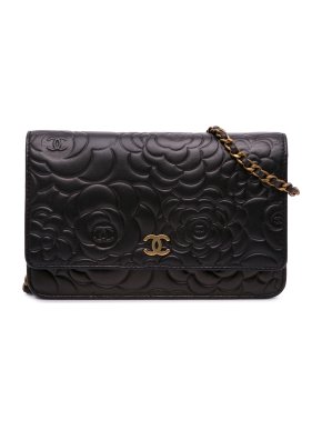 Chanel Black Lambskin Camellia Wallet On Chain
