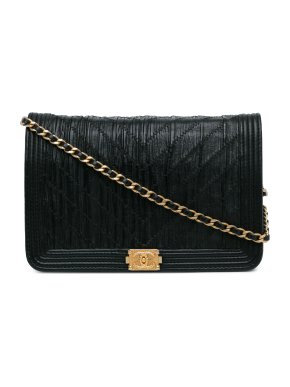 Chanel Black Pleated Crumpled Chevron Le Boy Wallet On Chain 1