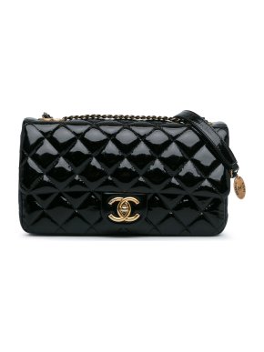Chanel Celine Black Patent Leather Medium CC Eyelet Flap Bag