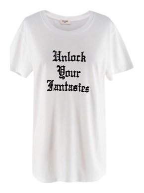 Celine White 'Unlock Your Fantasies' Flocked Slogan T-Shirt