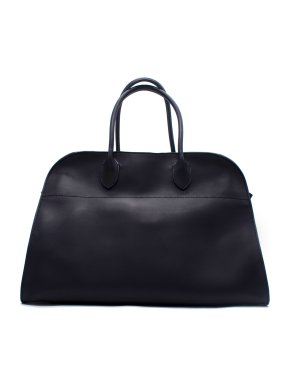 The Row Navy Margaux 15 Leather Top-Handle Bag