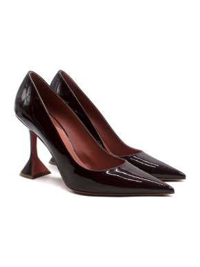 Amina Muaddi Wine Patent Leather  Flared  Heeled Courts