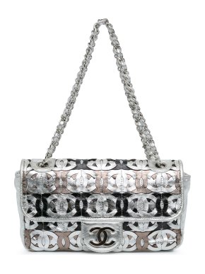 Chanel Silver Medium Crackled Calfskin CC Mix Flap Bag