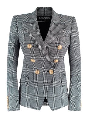 Balmain Checked Double Breasted Blazer with Gold Button Detail