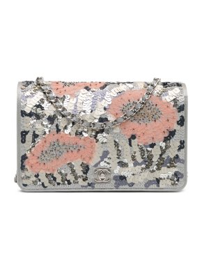 Chanel Silver Flower Sequins Wallet On Chain