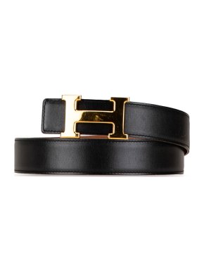 Hermes Black Leather Constance Reversible Belt 85