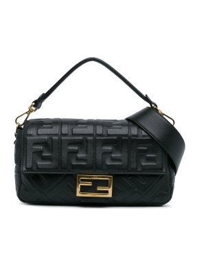 Fendi Black Leather Zucca Embossed Baguette Bag