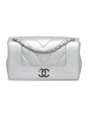 Chanel Silver Mademoiselle  Chevron Single Flap Bag