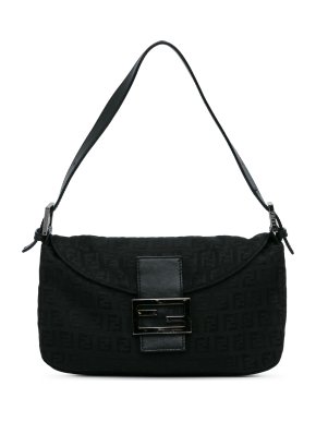 Fendi Black Zucchino Canvas Double Flap Baguette Bag