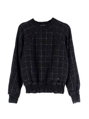 Chanel Black Checked Tweed Sweater with Satin Pleat Detail 1