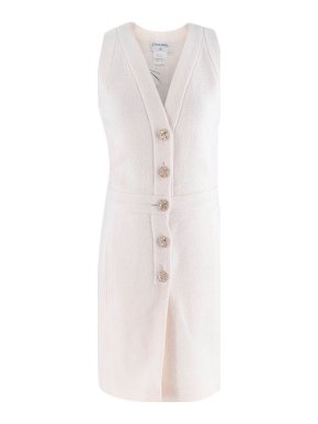 Chanel Cream Boucle Button Front Sleeveless Dress