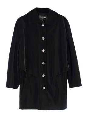 Chanel Black Collared Parka with Camellia Button Detail