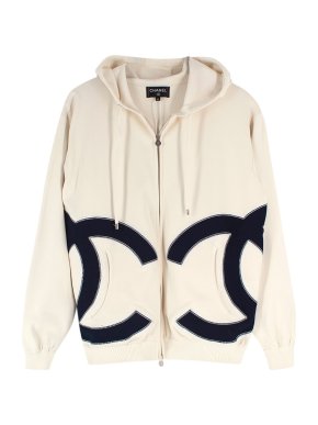 Chanel Off-White and Navy CC Hooded Zip Jumper