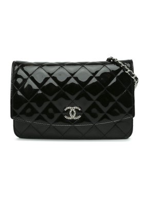 Chanel Black Patent Leather Quilted Brilliant Wallet On Chain