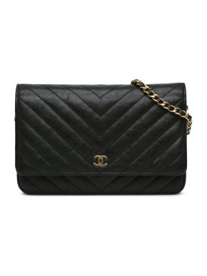 Chanel Black CC Chevron Lambskin Wallet On Chain